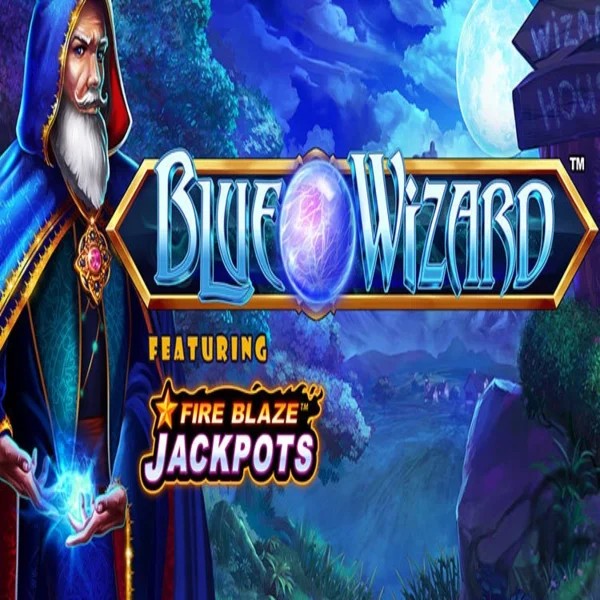 Blue Wizard Fire Blaze Jackpots logo by Rarestone Gaming at Spinorhino Casino
