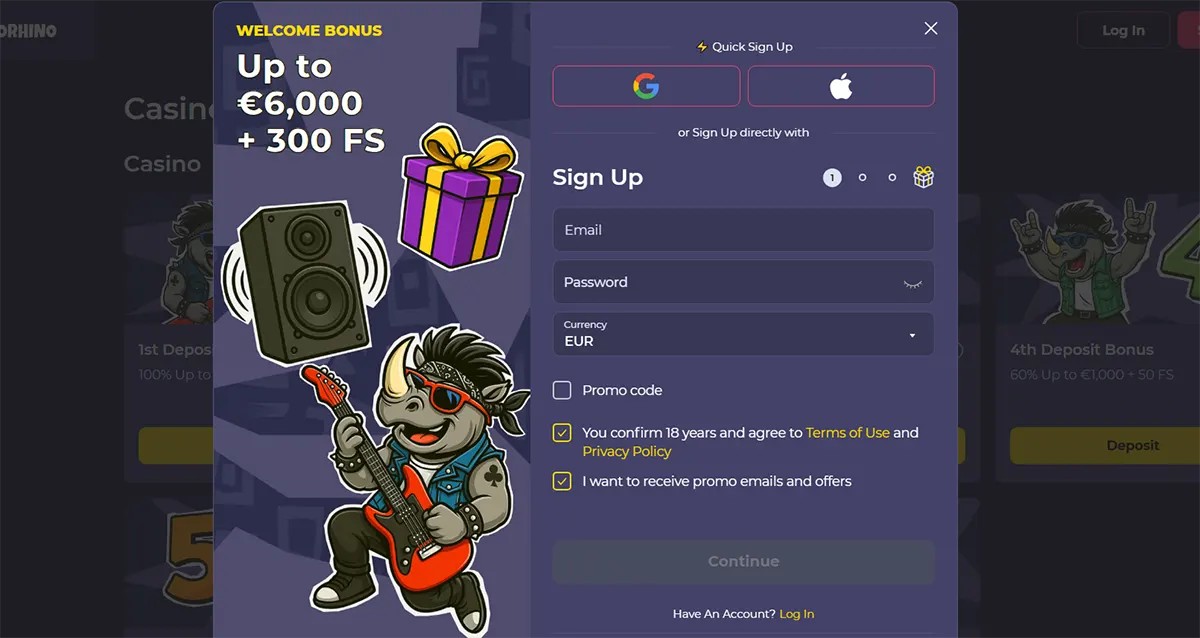 Casino welcome bonus popup with €6,000 + 300 free spins and quick sign-up form