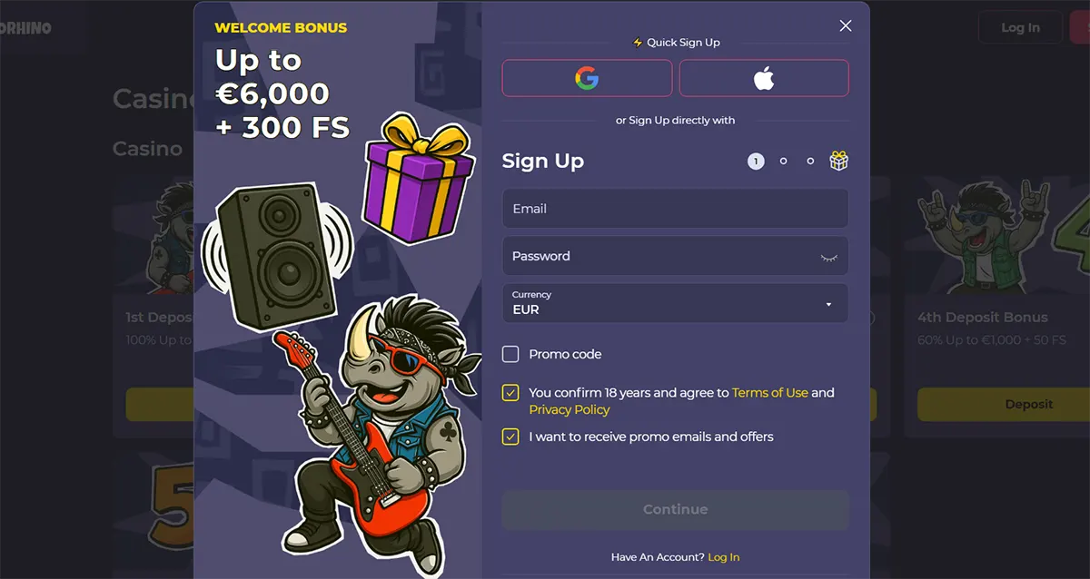Casino welcome bonus popup with €6,000 + 300 free spins and quick sign-up form